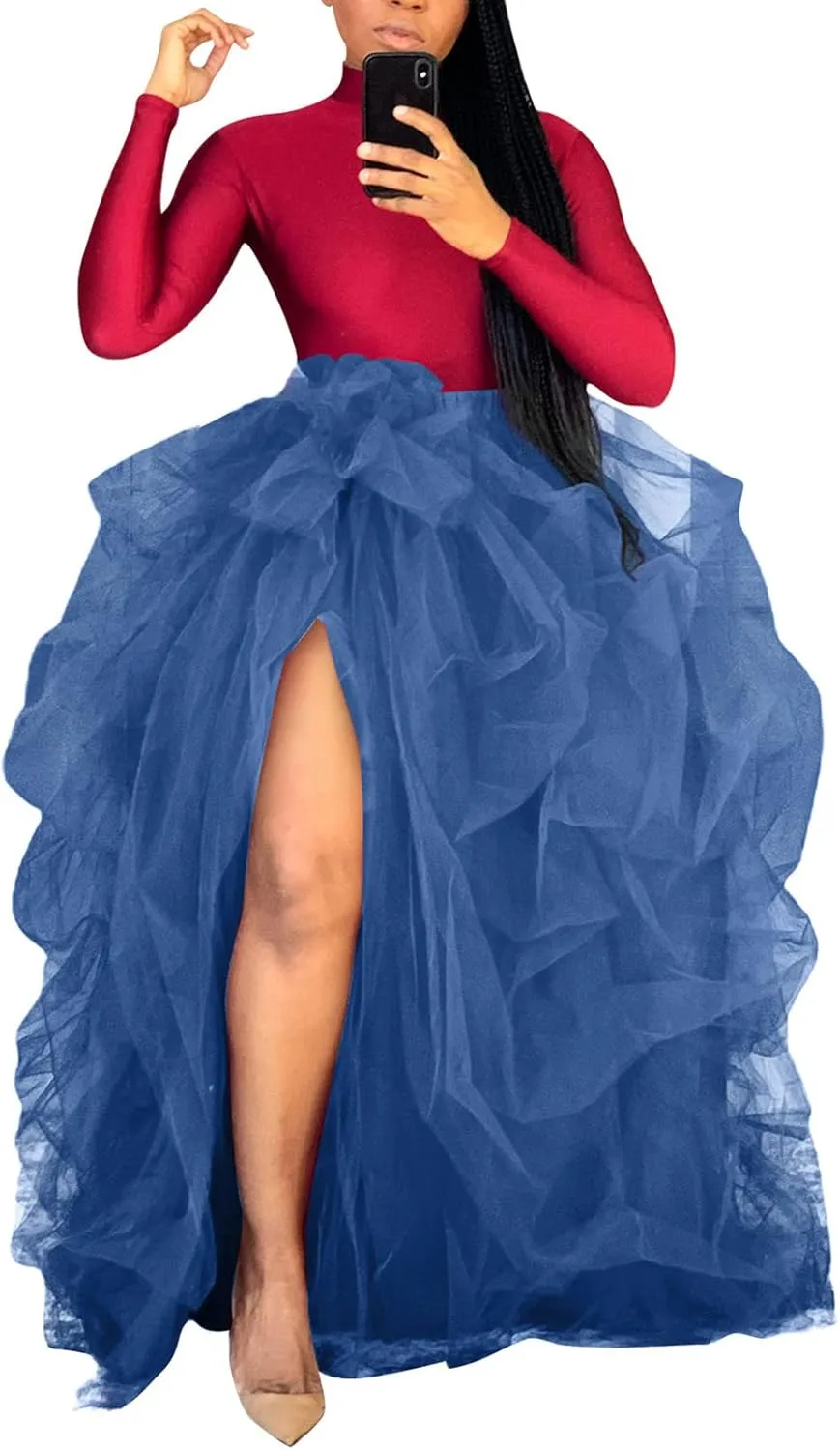 Women Tulle Long Skirt High Waist Ruffle Floor Length Dresses Wedding Guest Plus Size Dress Sexy Slit Puffy Maxi Skirts
