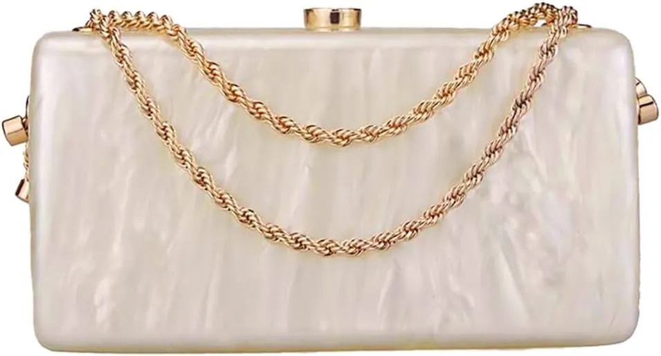 Women Unique Acrylic Marble Clutch Bag Stylish Metal Chain Crossbody Evening Purse Handbag for Wedding Party