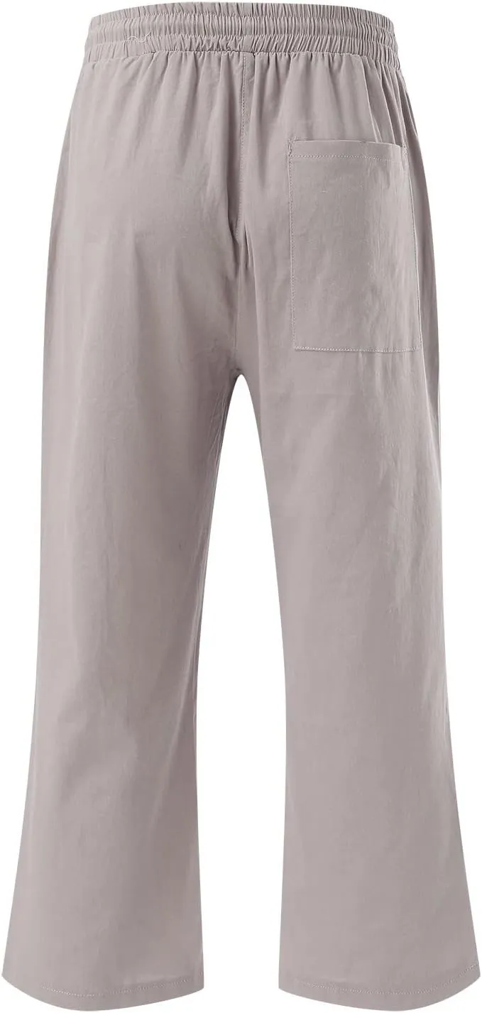 Women Wide Leg Cotton Linen Pants Summer High Waist Palazzo Pants Comfy Solid Trousers with Pocket