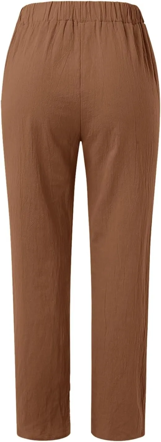 Women Wide Leg Cotton Linen Pants Summer High Waist Palazzo Pants Comfy Solid Trousers with Pocket