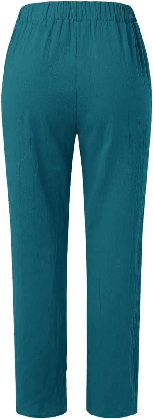 Women Wide Leg Cotton Linen Pants Summer High Waist Palazzo Pants Comfy Solid Trousers with Pocket