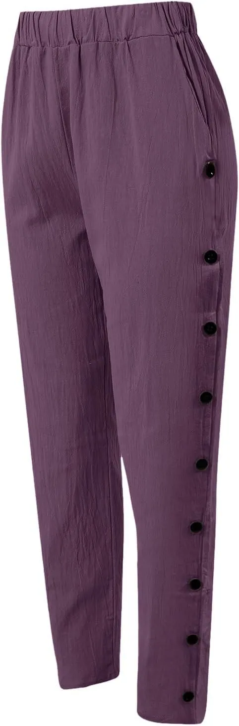 Women Wide Leg Cotton Linen Pants Summer High Waist Palazzo Pants Comfy Solid Trousers with Pocket