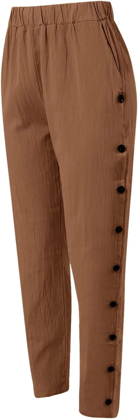 Women Wide Leg Cotton Linen Pants Summer High Waist Palazzo Pants Comfy Solid Trousers with Pocket
