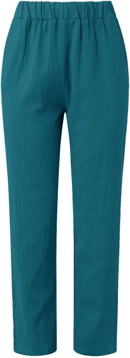 Women Wide Leg Cotton Linen Pants Summer High Waist Palazzo Pants Comfy Solid Trousers with Pocket