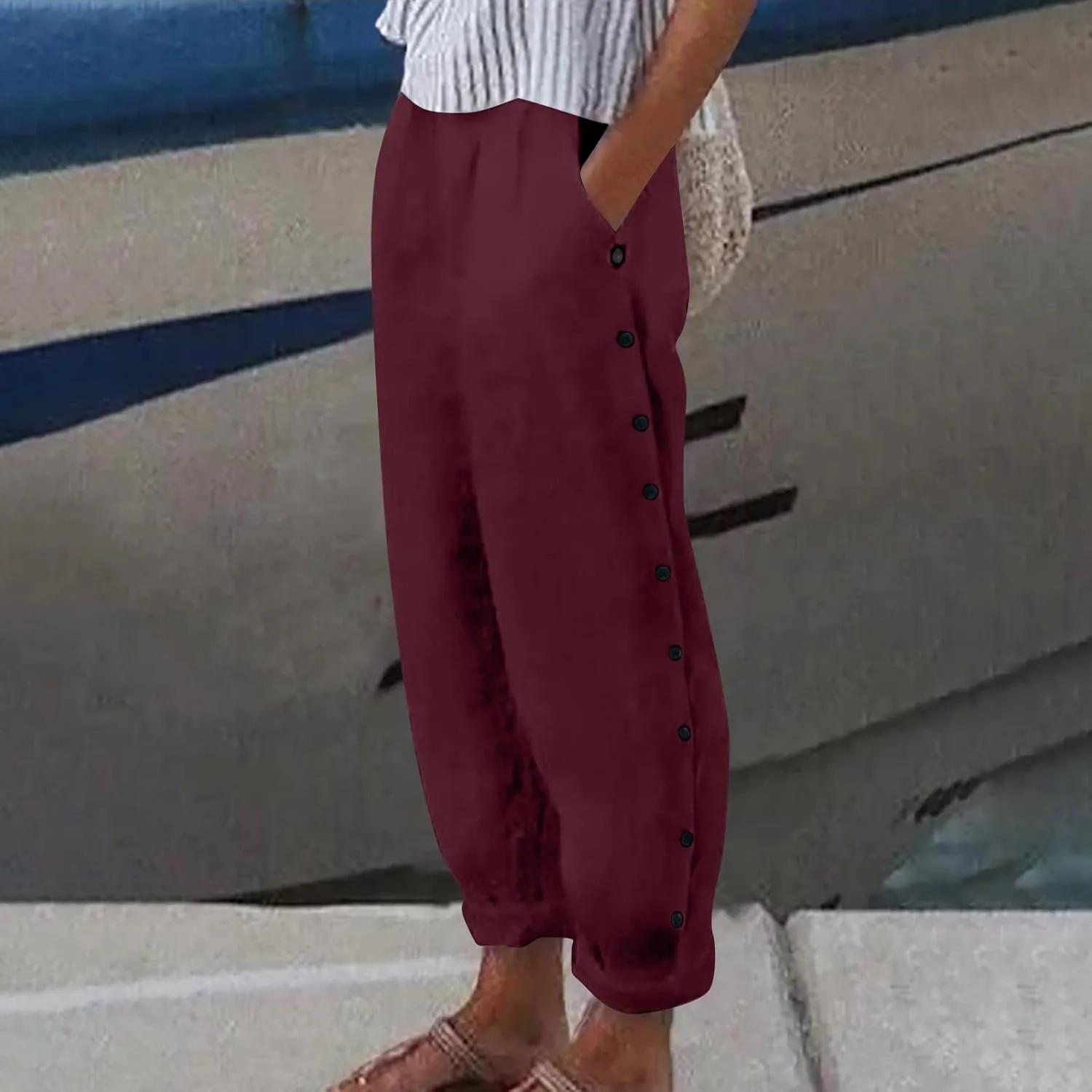 Women Wide Leg Cotton Linen Pants Summer High Waist Palazzo Pants Comfy Solid Trousers with Pocket