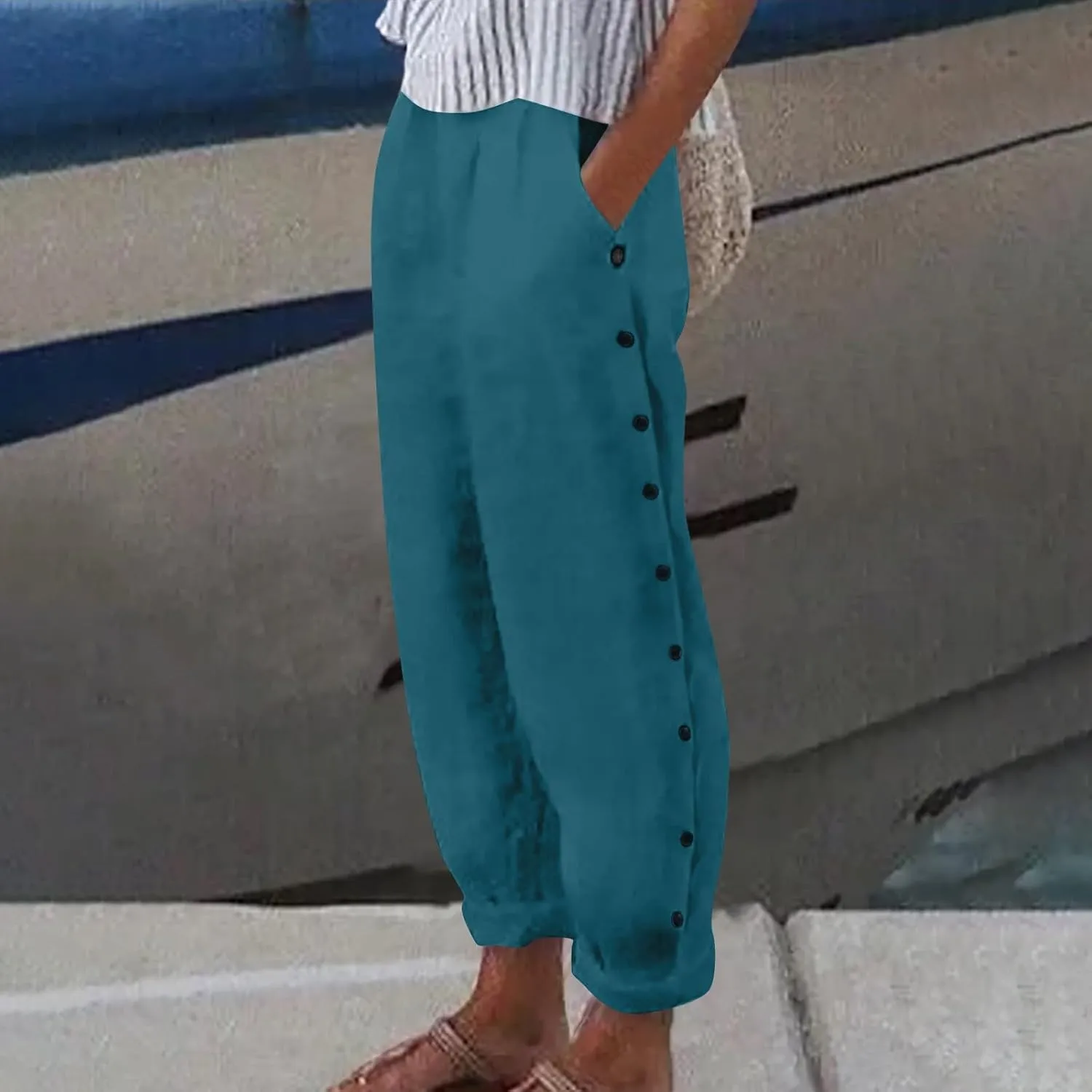 Women Wide Leg Cotton Linen Pants Summer High Waist Palazzo Pants Comfy Solid Trousers with Pocket
