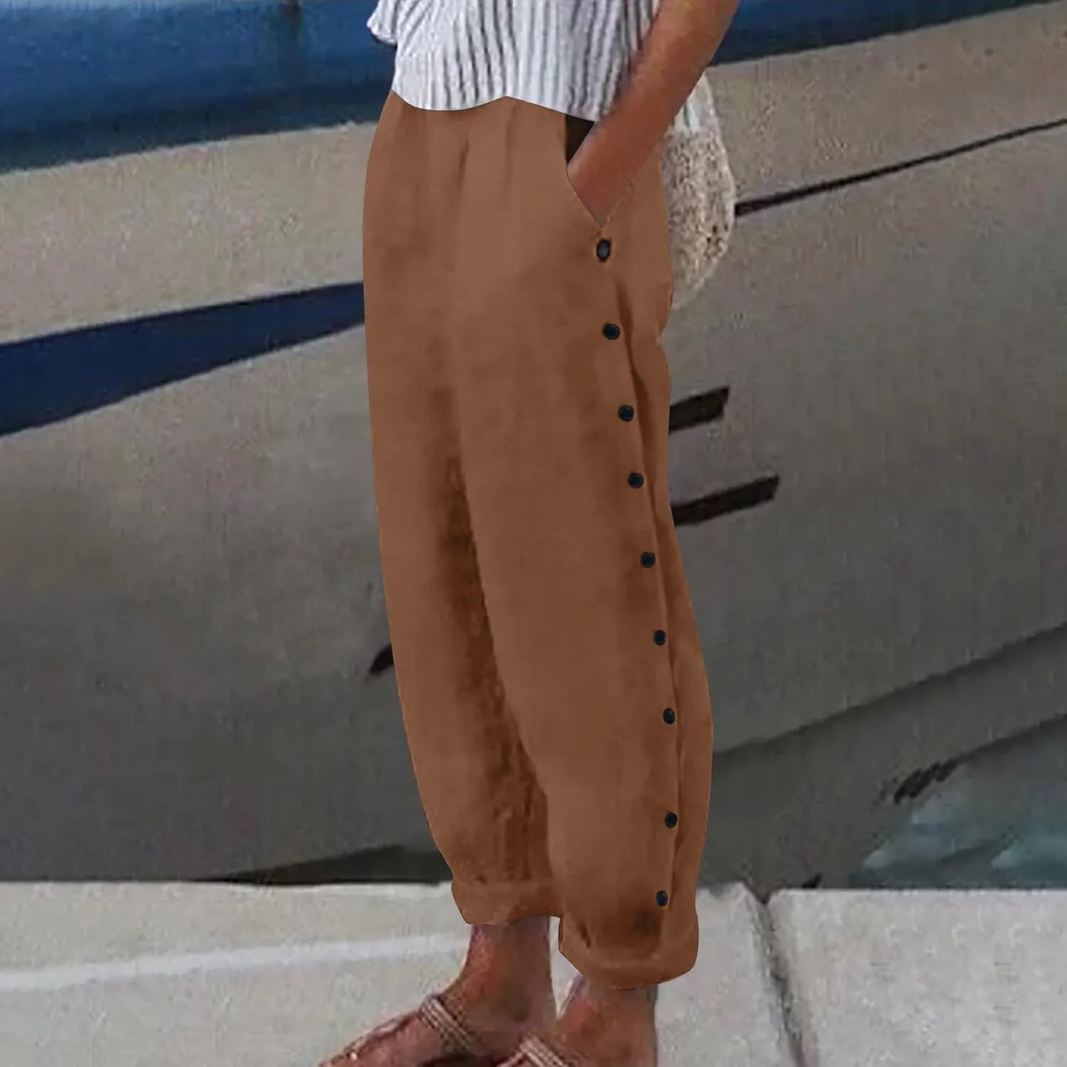 Women Wide Leg Cotton Linen Pants Summer High Waist Palazzo Pants Comfy Solid Trousers with Pocket