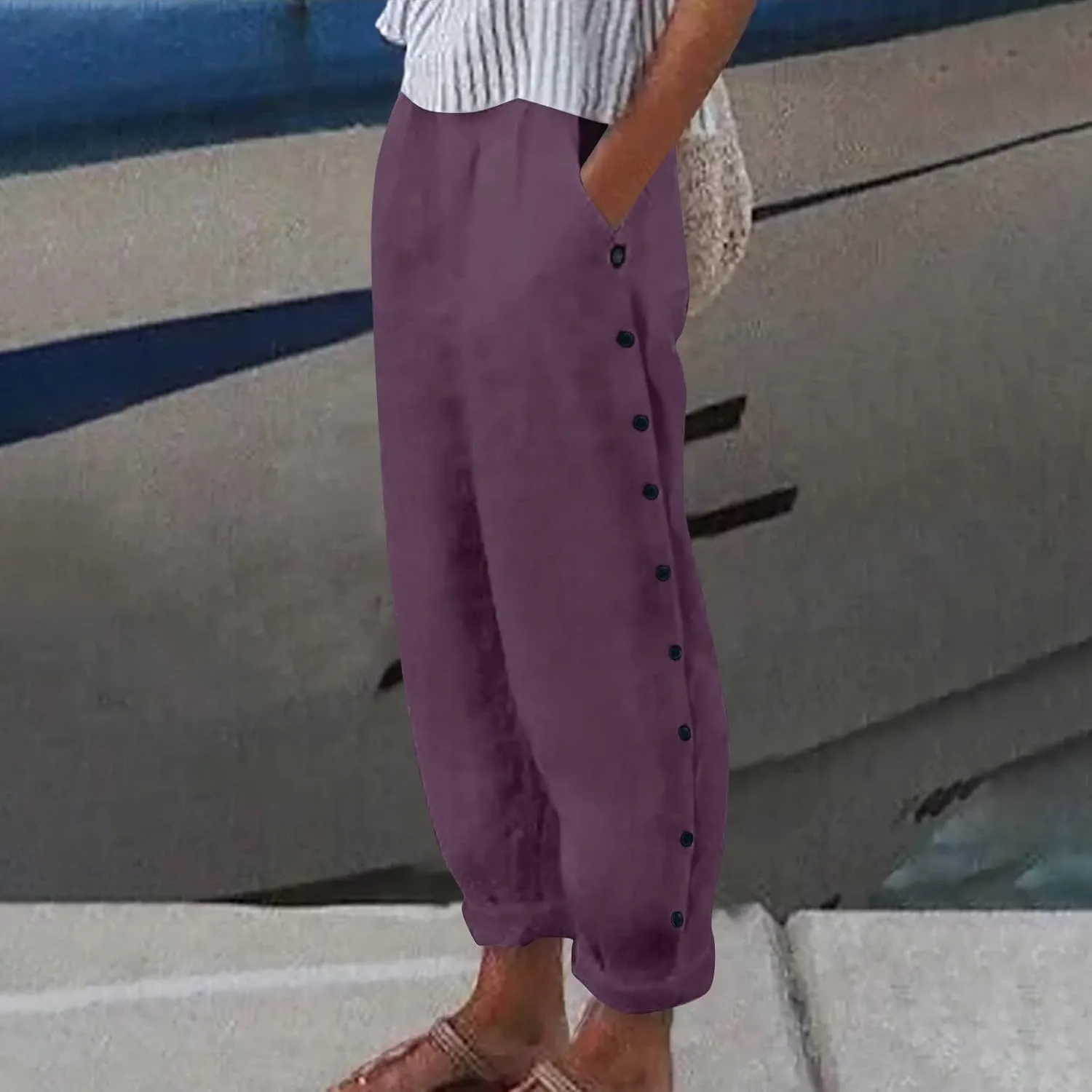 Women Wide Leg Cotton Linen Pants Summer High Waist Palazzo Pants Comfy Solid Trousers with Pocket