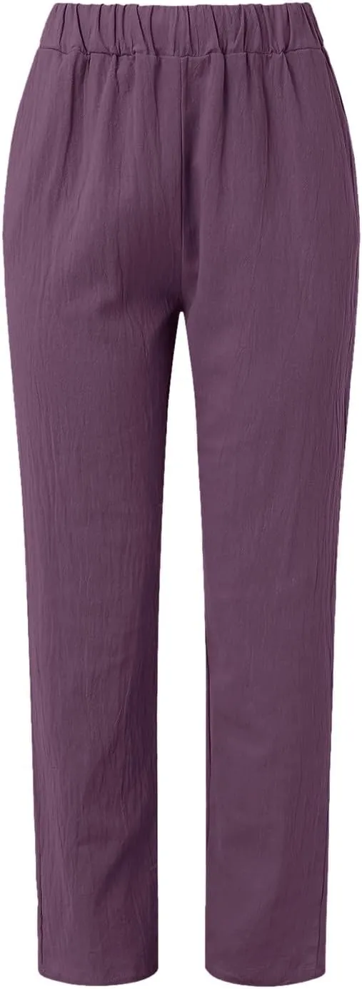 Women Wide Leg Cotton Linen Pants Summer High Waist Palazzo Pants Comfy Solid Trousers with Pocket