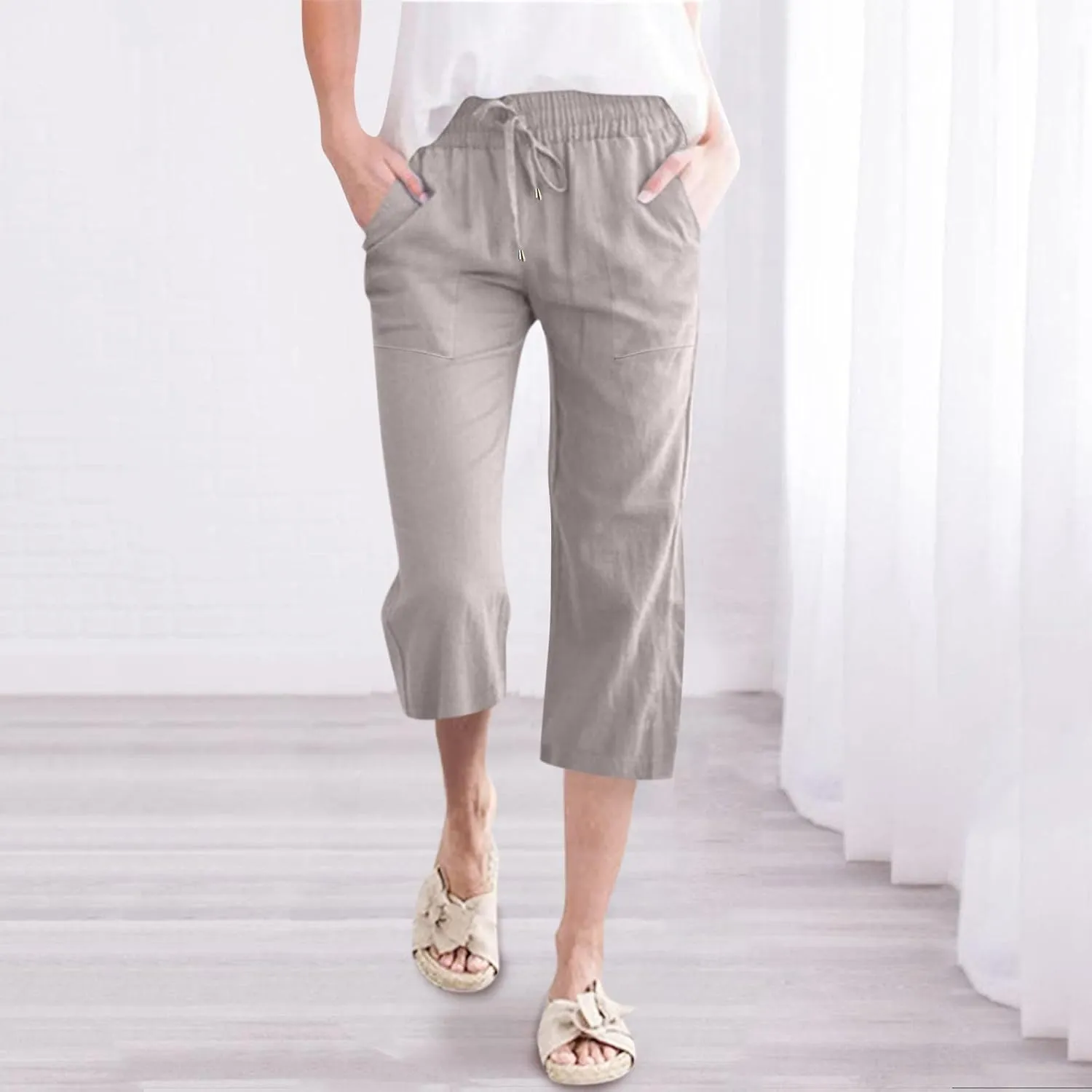 Women Wide Leg Cotton Linen Pants Summer High Waist Palazzo Pants Comfy Solid Trousers with Pocket