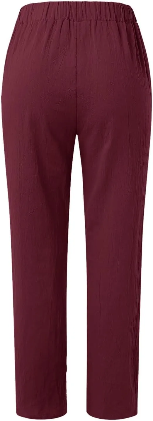 Women Wide Leg Cotton Linen Pants Summer High Waist Palazzo Pants Comfy Solid Trousers with Pocket