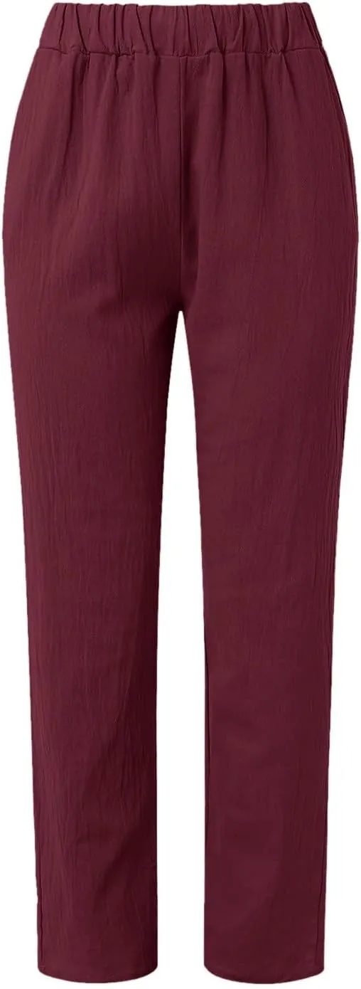 Women Wide Leg Cotton Linen Pants Summer High Waist Palazzo Pants Comfy Solid Trousers with Pocket