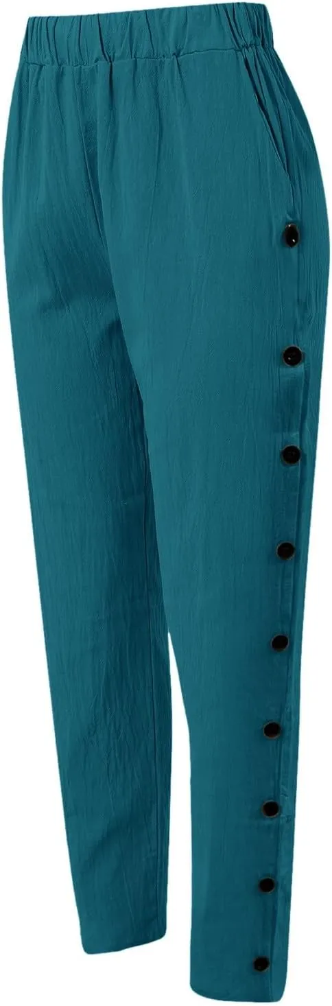 Women Wide Leg Cotton Linen Pants Summer High Waist Palazzo Pants Comfy Solid Trousers with Pocket