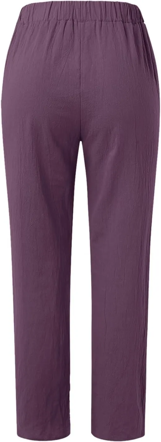 Women Wide Leg Cotton Linen Pants Summer High Waist Palazzo Pants Comfy Solid Trousers with Pocket
