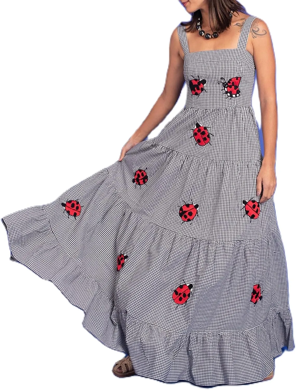 Women Y2k Embroidered Boho Dress Spaghetti Strap Tiered Maxi Dress 2024 Summer Causal Flowy Beach Sundress