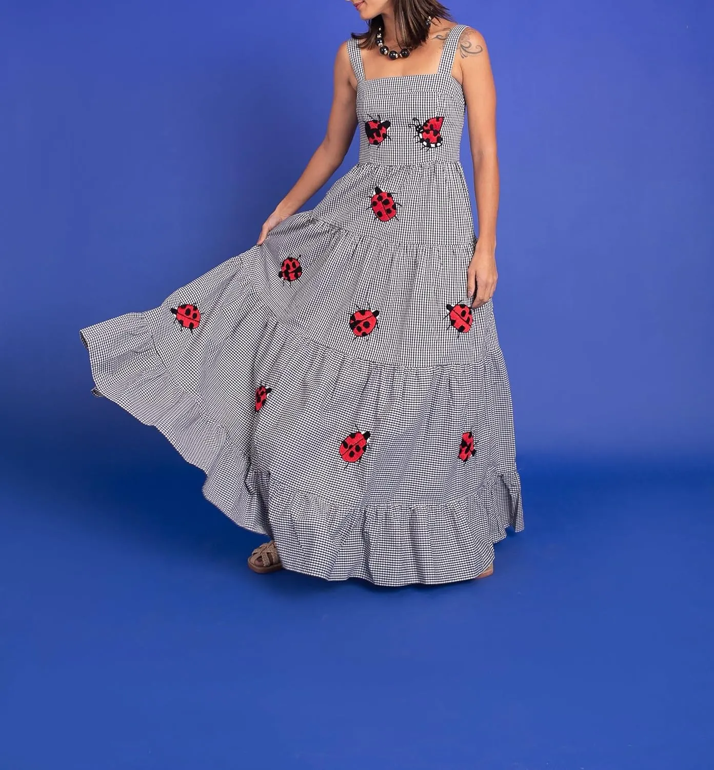 Women Y2k Embroidered Boho Dress Spaghetti Strap Tiered Maxi Dress 2024 Summer Causal Flowy Beach Sundress