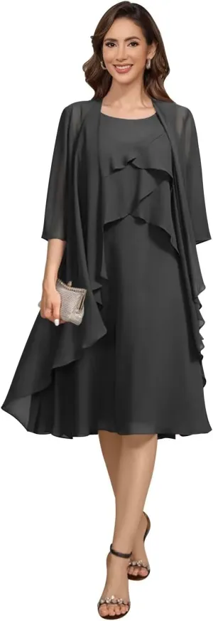 Women's 2 Piece Mother of The Bride Dresses 2025 Tiered Chiffon Formal Dress for Wedding TM49