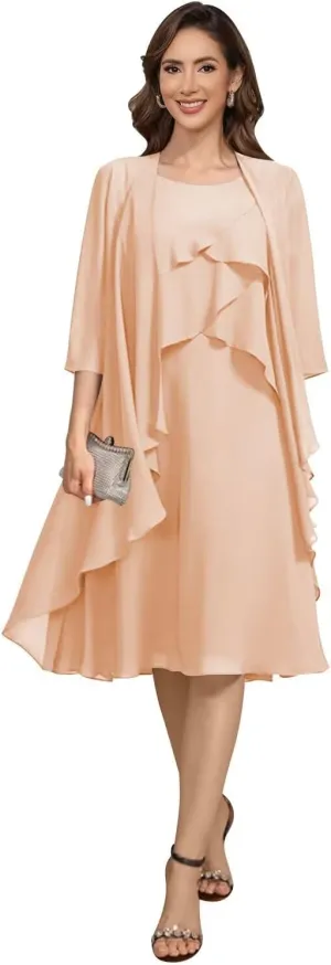 Women's 2 Piece Mother of The Bride Dresses 2025 Tiered Chiffon Formal Dress for Wedding TM49