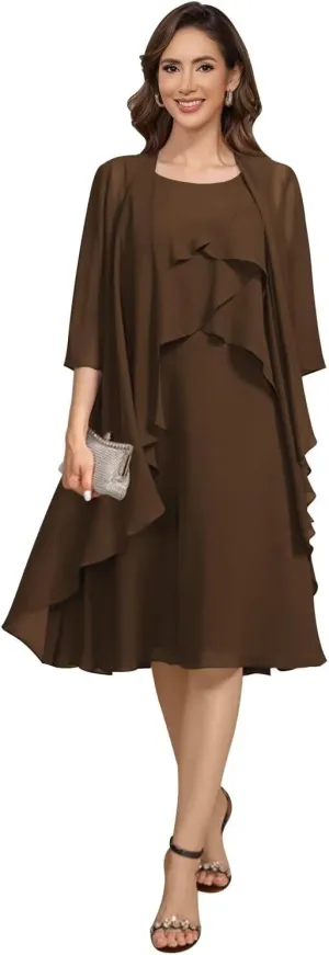 Women's 2 Piece Mother of The Bride Dresses 2025 Tiered Chiffon Formal Dress for Wedding TM49