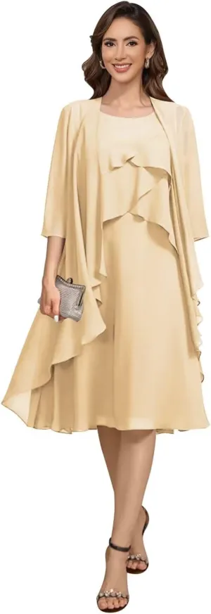 Women's 2 Piece Mother of The Bride Dresses 2025 Tiered Chiffon Formal Dress for Wedding TM49