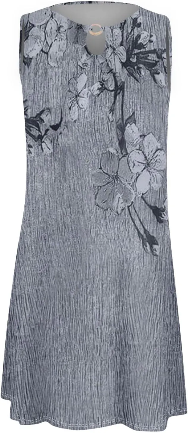 Women's 2024 Summer Floral Mini Dress Sleeveless Ruffle Boho Beach Vacation Short Tank Sundresses