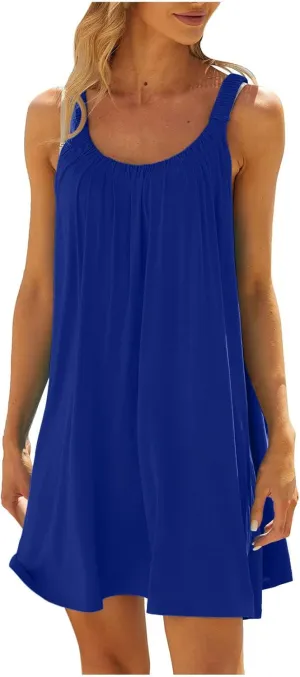 Women's 2025 Sun Dresses Summer Casual Mini Dress Elastic Straps Pleated Beach Dresses Comfy Loose Tank Dress