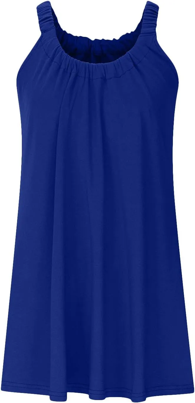 Women's 2025 Sun Dresses Summer Casual Mini Dress Elastic Straps Pleated Beach Dresses Comfy Loose Tank Dress