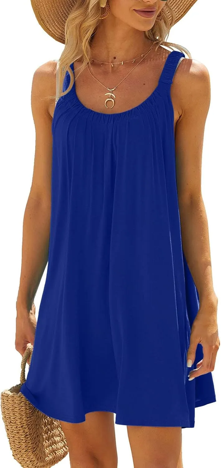 Women's 2025 Sun Dresses Summer Casual Mini Dress Elastic Straps Pleated Beach Dresses Comfy Loose Tank Dress