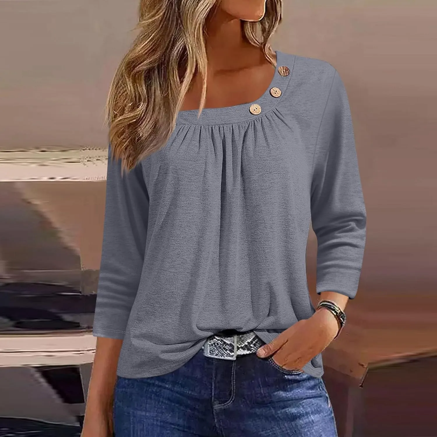Womens 3/4 Sleeve Blouses Dressy Casual Loose Fit Shirts Button Decor Summer Trendy Tunic Tops