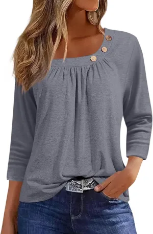 Womens 3/4 Sleeve Blouses Dressy Casual Loose Fit Shirts Button Decor Summer Trendy Tunic Tops