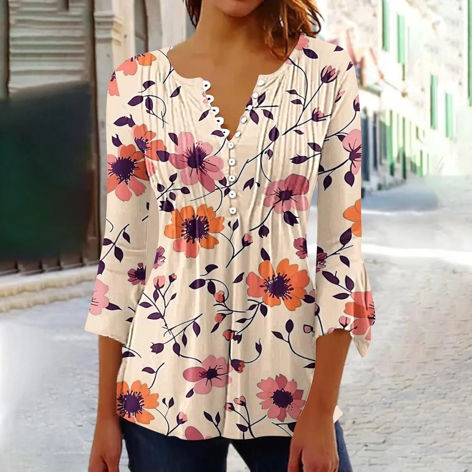 Womens 3/4 Sleeve Floral Top Vintage V Neck T Shirts Button Down Blouse Dressy Flowy Tops Trendy Loose Tops Blouse