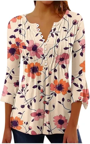 Womens 3/4 Sleeve Floral Top Vintage V Neck T Shirts Button Down Blouse Dressy Flowy Tops Trendy Loose Tops Blouse