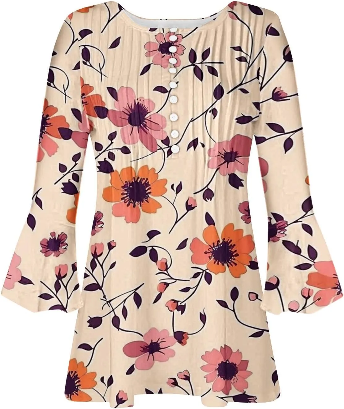 Womens 3/4 Sleeve Floral Top Vintage V Neck T Shirts Button Down Blouse Dressy Flowy Tops Trendy Loose Tops Blouse