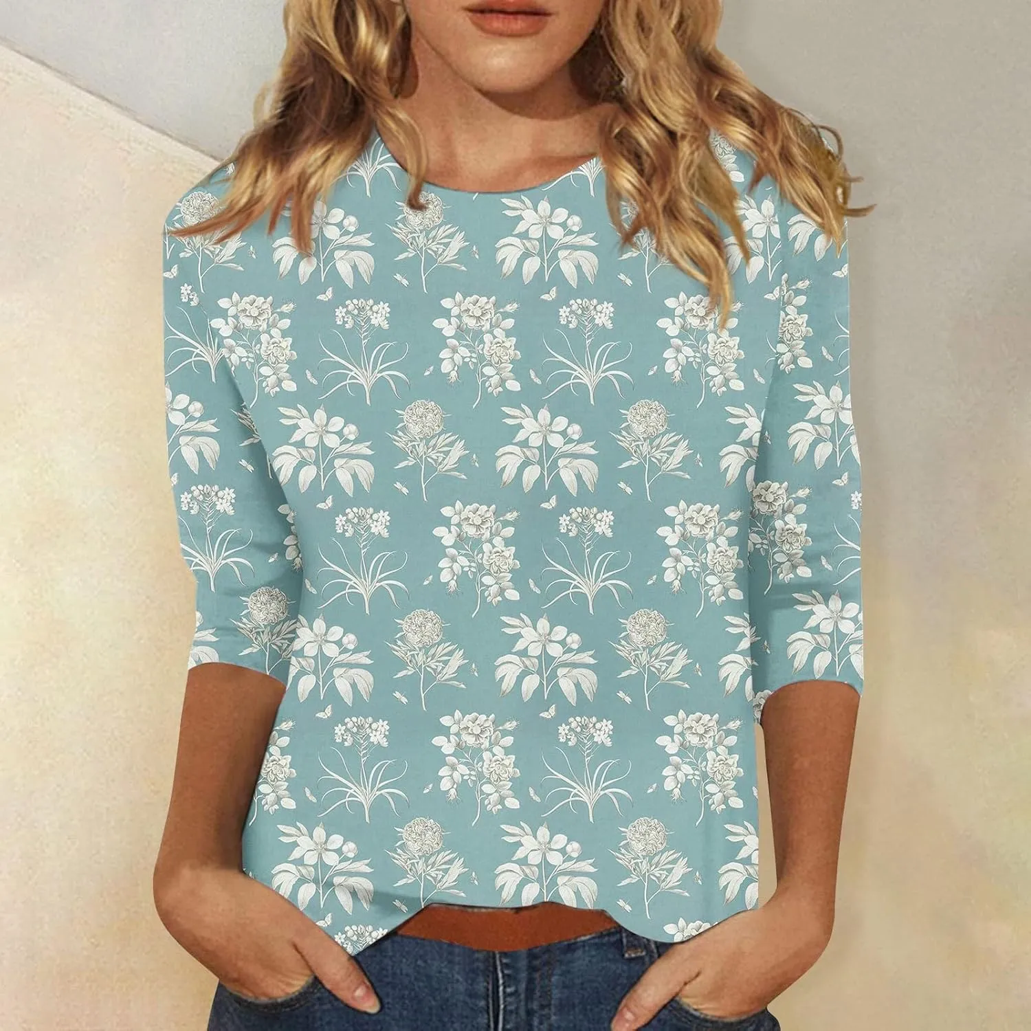 Women's 3/4 Sleeve Shirts Crew Neck Loose Tops Casual Floral Printed Tshirts Trendy Basic Tunic Summer Ladies Tops