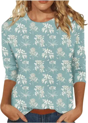 Women's 3/4 Sleeve Shirts Crew Neck Loose Tops Casual Floral Printed Tshirts Trendy Basic Tunic Summer Ladies Tops