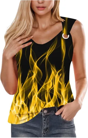 Women's 3D Flame Print Tank Tops Ring Linked V Neck Tanks Soft Sleeveless Cami Vest Shirts Novelty Graphic Tees