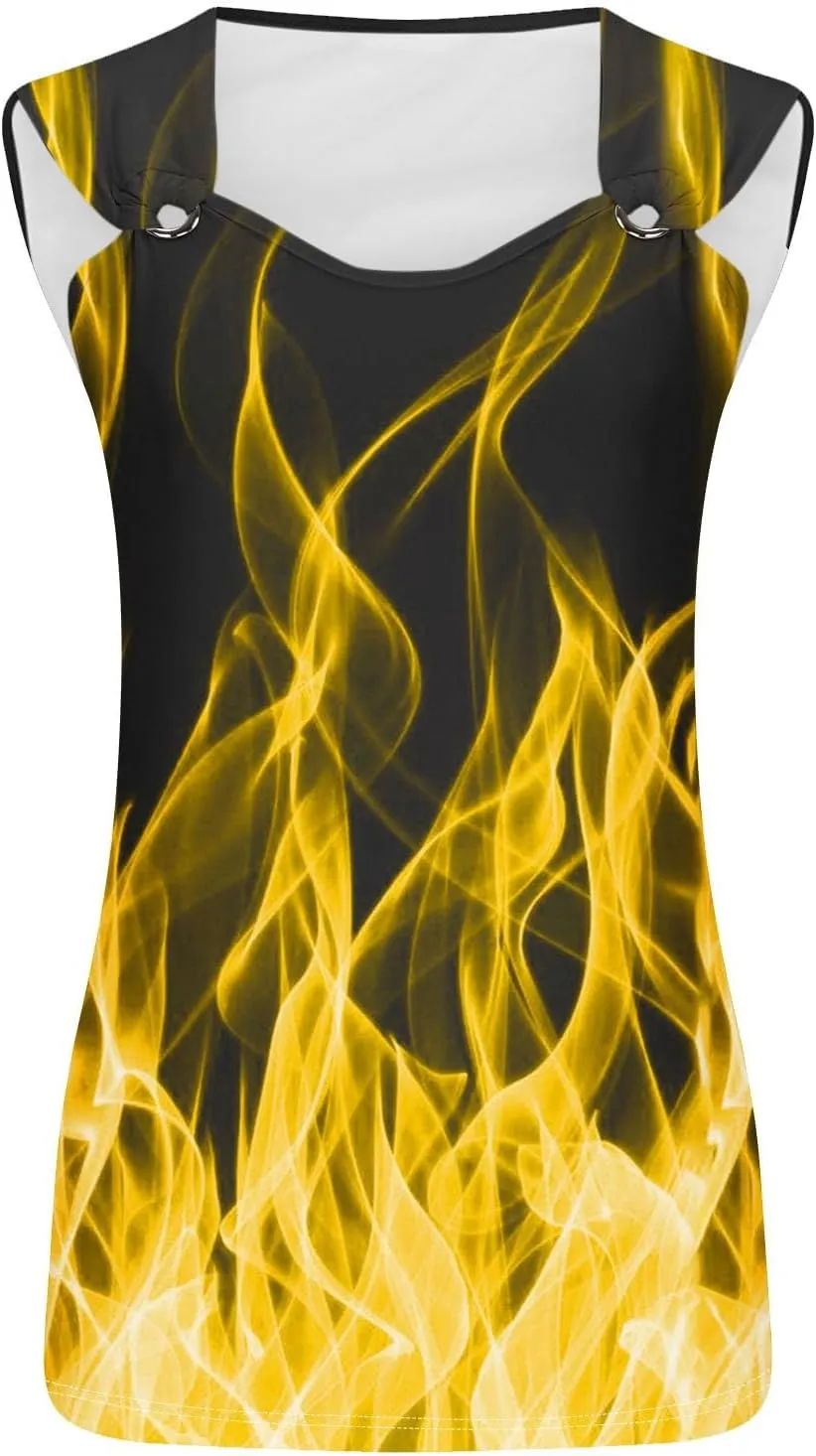 Women's 3D Flame Print Tank Tops Ring Linked V Neck Tanks Soft Sleeveless Cami Vest Shirts Novelty Graphic Tees