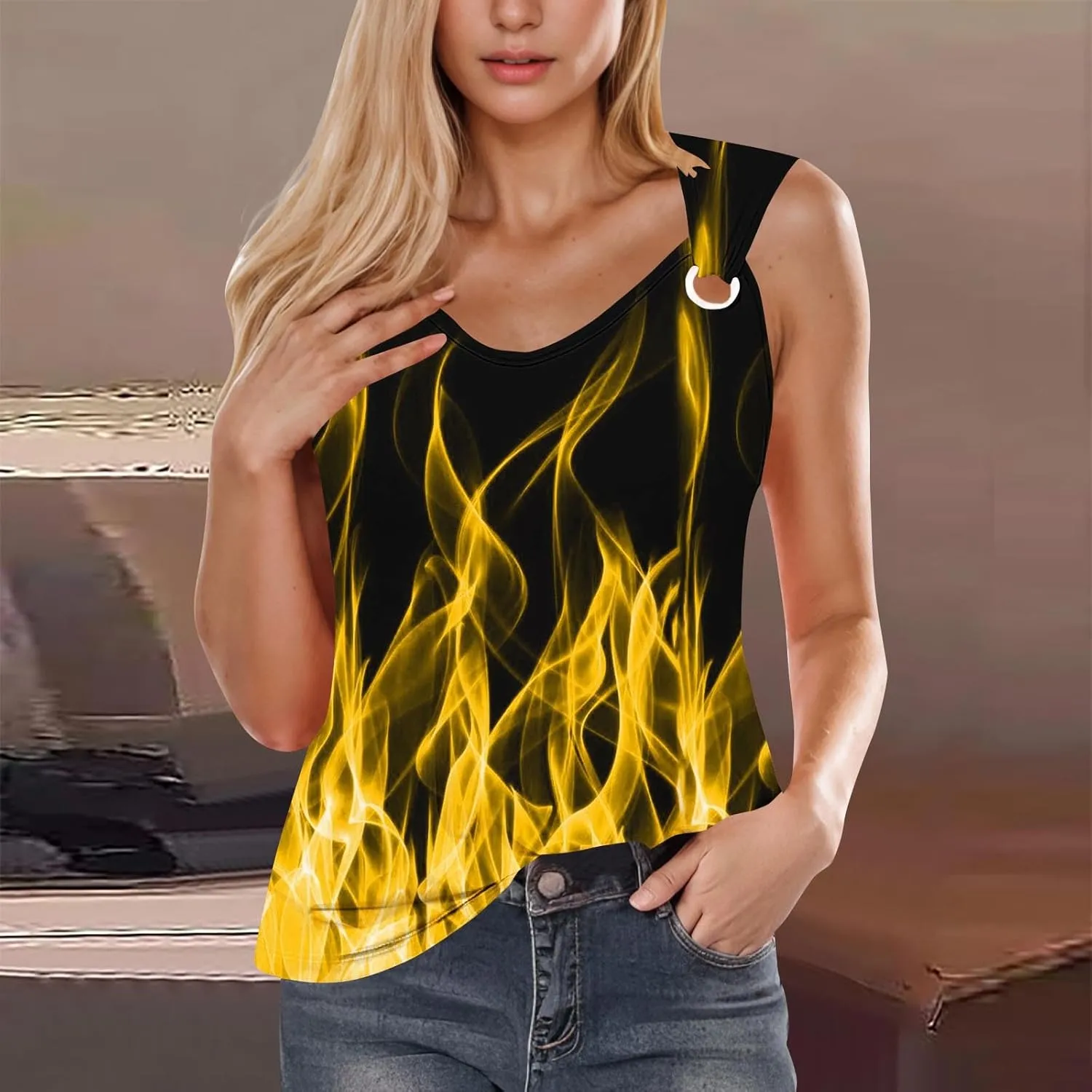 Women's 3D Flame Print Tank Tops Ring Linked V Neck Tanks Soft Sleeveless Cami Vest Shirts Novelty Graphic Tees