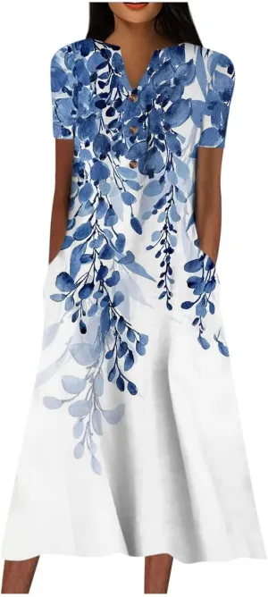 Women's Bohemian Floral Maxi Dress Casual Loose Summer Short Sleeve Beach Vacation Dresses with Pockets