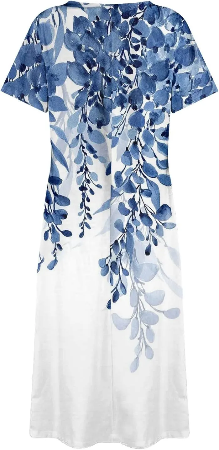 Women's Bohemian Floral Maxi Dress Casual Loose Summer Short Sleeve Beach Vacation Dresses with Pockets