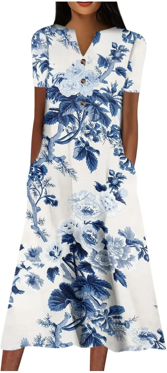 Women's Bohemian Floral Maxi Dress Casual Loose Summer Short Sleeve Beach Vacation Dresses with Pockets