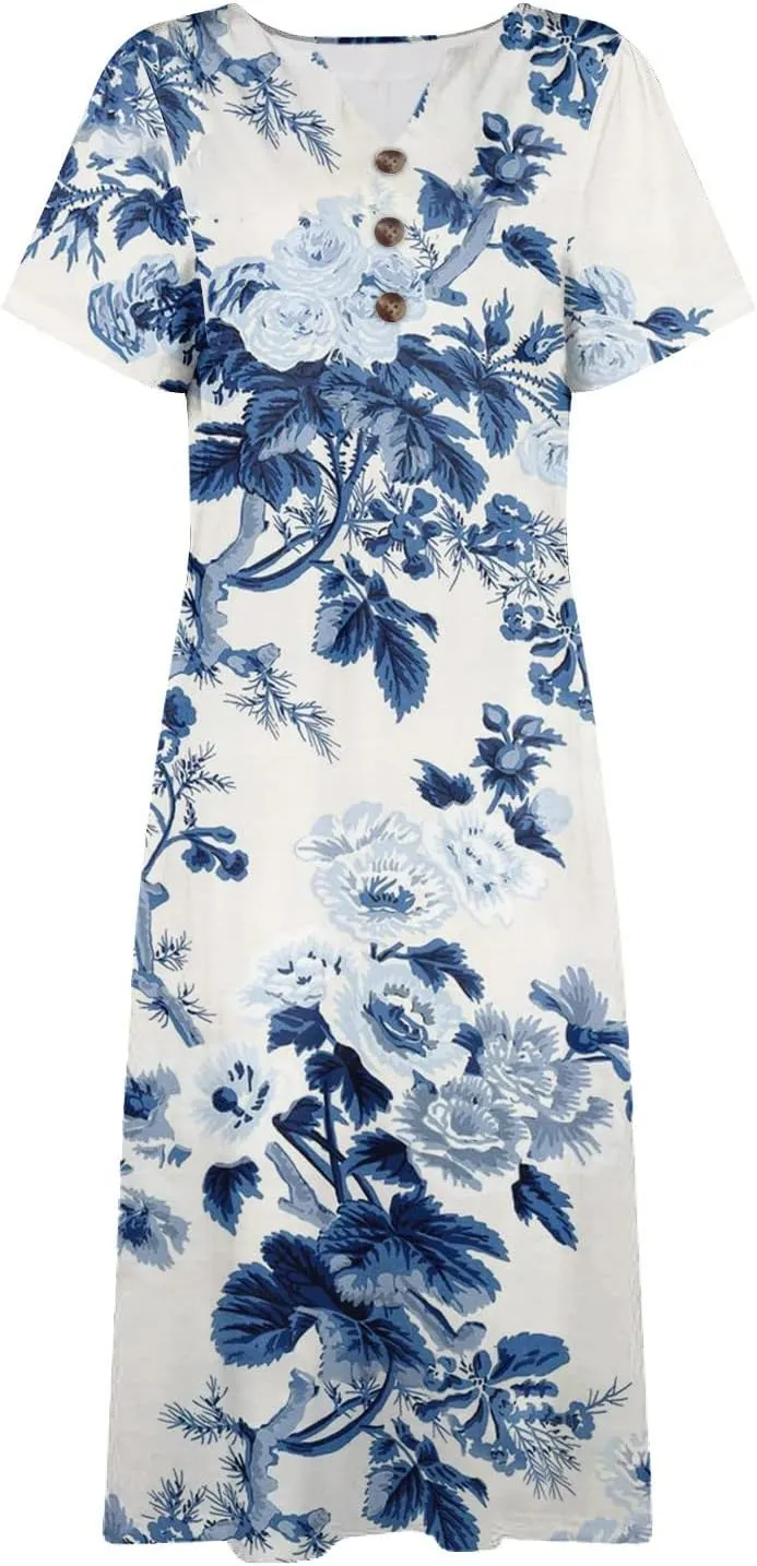 Women's Bohemian Floral Maxi Dress Casual Loose Summer Short Sleeve Beach Vacation Dresses with Pockets