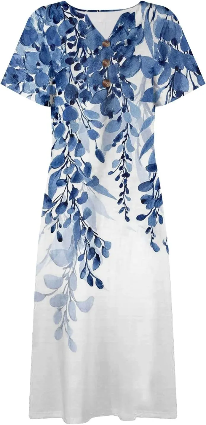 Women's Bohemian Floral Maxi Dress Casual Loose Summer Short Sleeve Beach Vacation Dresses with Pockets