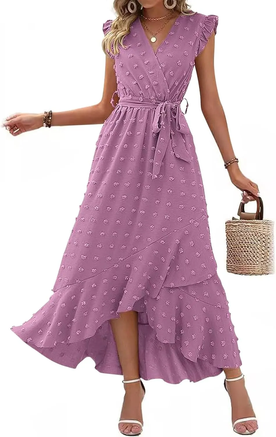 Women's Bohemian Swiss Dot Wrap V Neck Sleeveless Beach Party Maxi Dress Elegant Wedding Guest Sundresses