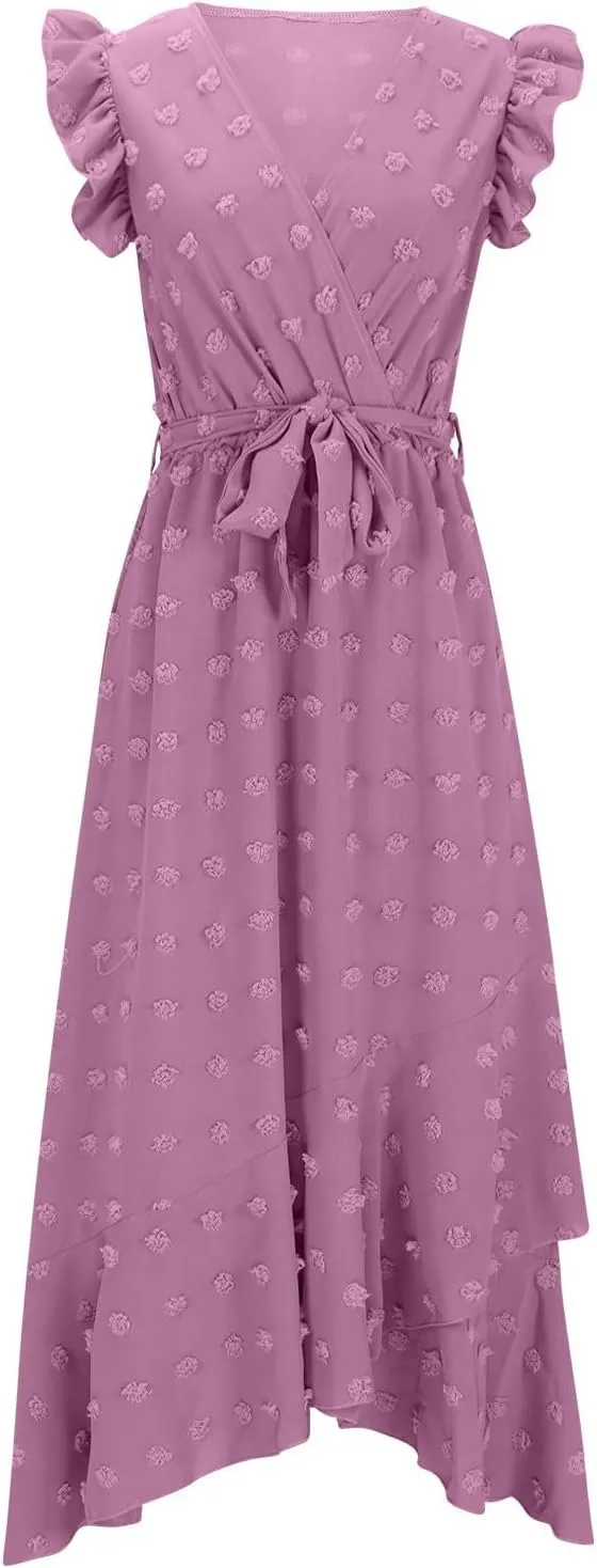 Women's Bohemian Swiss Dot Wrap V Neck Sleeveless Beach Party Maxi Dress Elegant Wedding Guest Sundresses