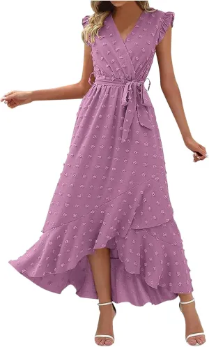 Women's Bohemian Swiss Dot Wrap V Neck Sleeveless Beach Party Maxi Dress Elegant Wedding Guest Sundresses