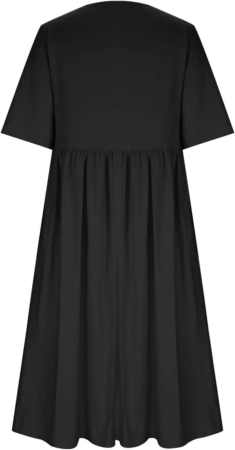 Womens Boho Dress Plus Size Casual Summer Short Sleeve Dresses Beach Maxi Dress Floral Pleated Long Dress Tunic Shirt