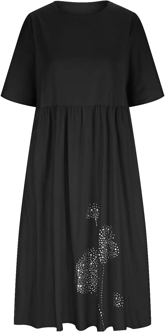 Womens Boho Dress Plus Size Casual Summer Short Sleeve Dresses Beach Maxi Dress Floral Pleated Long Dress Tunic Shirt