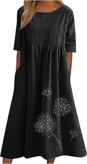 Womens Boho Dress Plus Size Casual Summer Short Sleeve Dresses Beach Maxi Dress Floral Pleated Long Dress Tunic Shirt