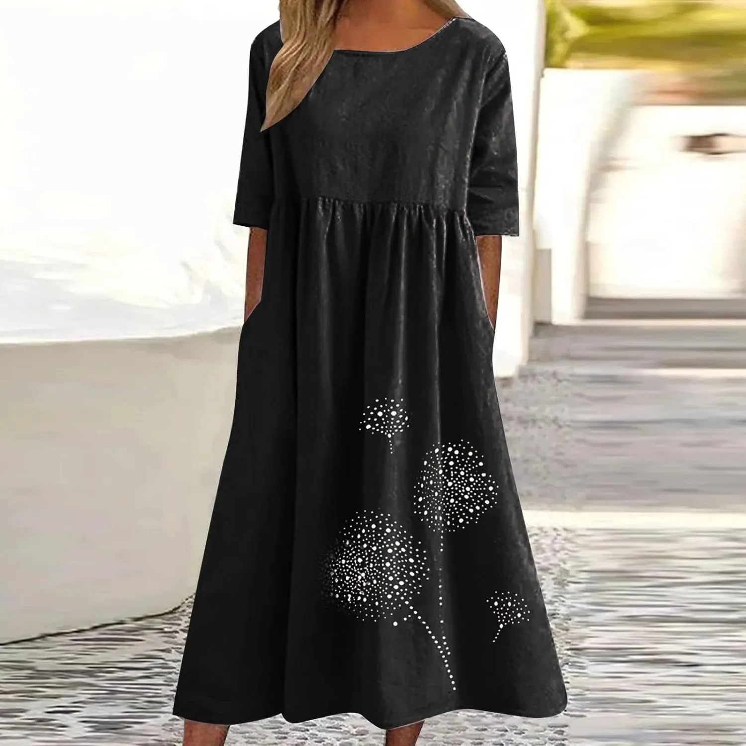 Womens Boho Dress Plus Size Casual Summer Short Sleeve Dresses Beach Maxi Dress Floral Pleated Long Dress Tunic Shirt